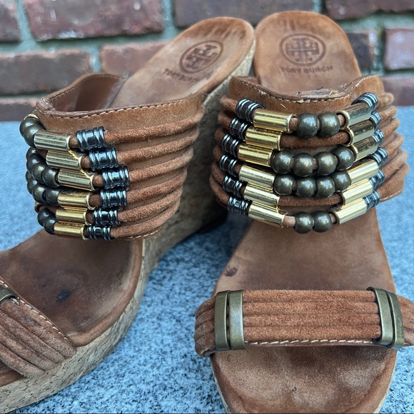 TORY BURCH 10.5 tan suede beaded wedge sandal - Picture 10 of 14